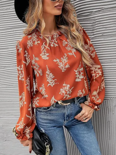 Miniatura 3 de Floerns - Blusa de chifón georgette de manga larga con estampado floral y cuello alto