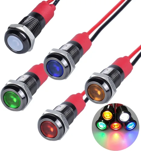 Miniatura 20 de 5 unidades de 0.236 in 12V-24V 20mA luz indicadora LED de metal de ahorro de energía, bisel cromado negro, orificio de montaje de 1/4 pulgadas