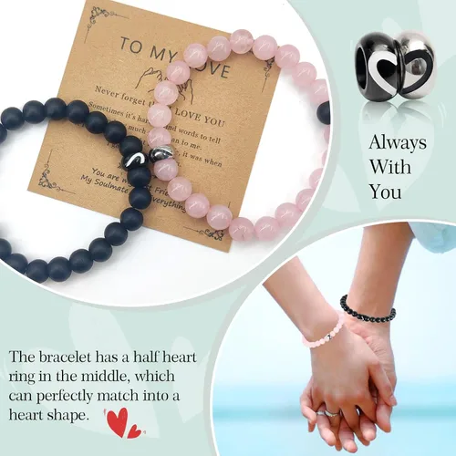 Miniatura 96 de 2 pulseras magnéticas para parejas, piedra natural negra mate, cristal para votos de amor eterno, juego de pulseras de cuentas de piedra de energía