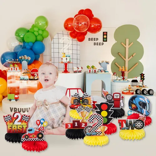 Miniatura 4 de 9 piezas de centro de mesa de auto de carreras de 2º cumpleaños Let's Go Racing Two Fast Birthday Party Decoración de mesa de auto de carreras