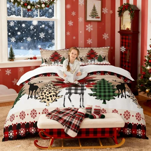 Miniatura 53 de Juego de funda de edredón para niños con diseño de Navidad, tamaño individual, camiones rojos y árboles de pino con copos de nieve, decoración