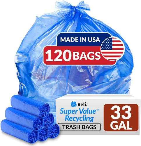 Reli. SuperValue - Bolsas de reciclaje de 33 galones (120 unidades) fabricadas en los Estados Unidos, bolsas de basura azules, 30-33 galones,