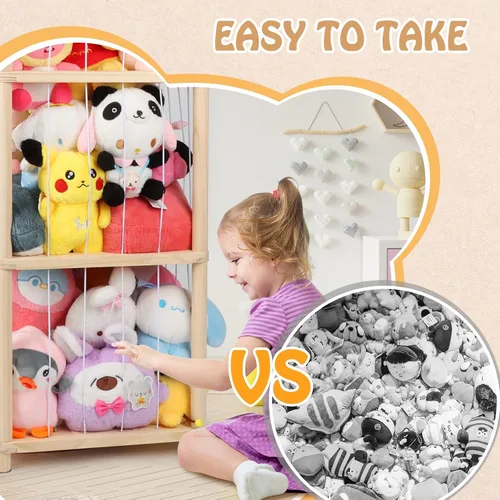 Miniatura 5 de Organizador de juguetes de peluche de madera de zoológico de 53 pulgadas, organizador de juguetes de peluche con anclajes antipunta, organizador