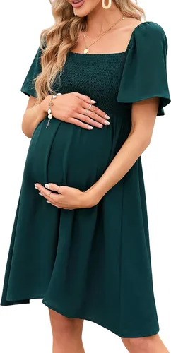KOJOOIN Vestido de maternidad de verano para mujer, lazo en la espalda, cuello cuadrado, manga abombada, hombros descubiertos, vestido de baby shower