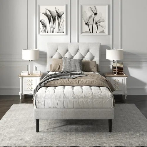 Miniatura 10 de HAOARA Armazón de Cama de Plataforma Tamaño Completo con Cabecera Tapizada con Botones Capitoné, Base de Colchón con Soporte de Listones de Madera