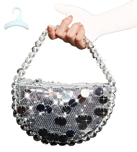 Uhawi Bolso de mano con diamantes de imitación para mujer, bolso de noche con purpurina brillante, hecho a mano, fiesta, boda, plateado
