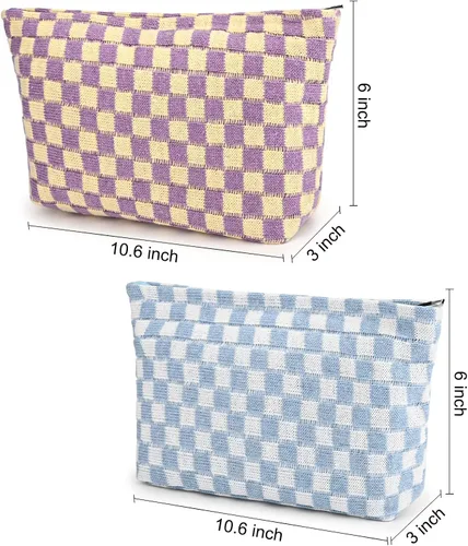 Miniatura 3 de SOIDRAM Bolsa de Maquillaje de 2 Piezas Bolsa de Cosméticos a Cuadros Grande Capacidad Bolsa de Viaje de Lona Organizadora de Artículos de Tocador