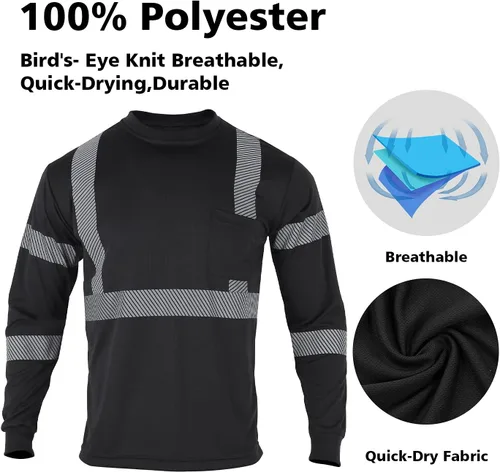 Miniatura 4 de VENDACE 3 piezas de camisetas de seguridad reflectantes de alta visibilidad de manga larga para trabajo en construcción para hombres Clase 3 Negro