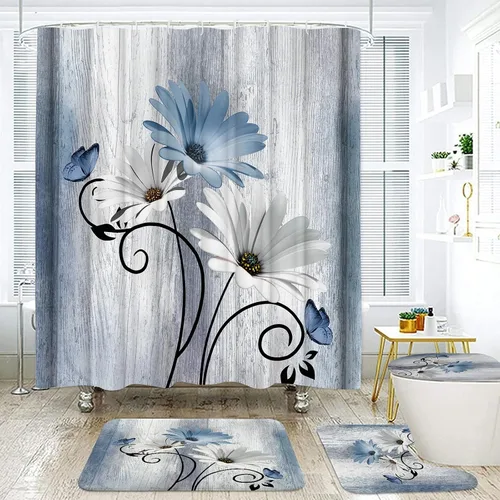Onalasyc Juego de 4 Piezas de Cortinas de Ducha con Flores de Margaritas Azules y Plantas, Cortina de Ducha y Alfombra y Accesorios, Juego