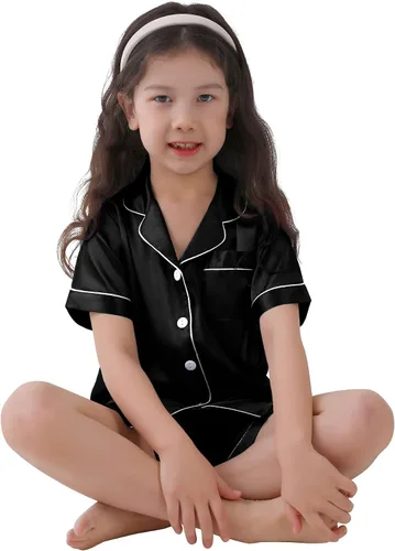 Miniatura 3 de SWOMOG Conjunto de pijama de satén para niños y niñas, con botones, de manga corta, ropa de dormir de seda de 2 piezas