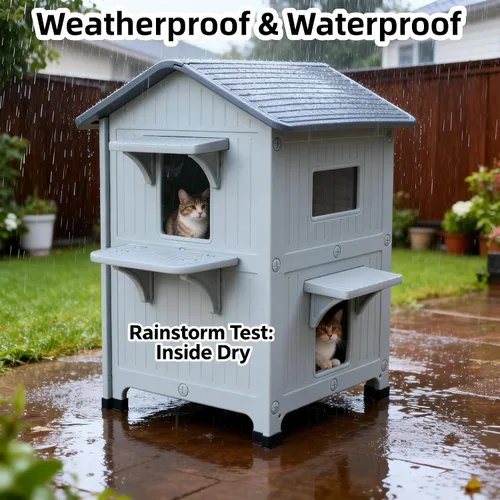 Miniatura 2 de Casa para gatos al aire libre, casas de 2 pisos al aire libre para gatos salvajes, refugio exterior de plástico, resistente a la intemperie