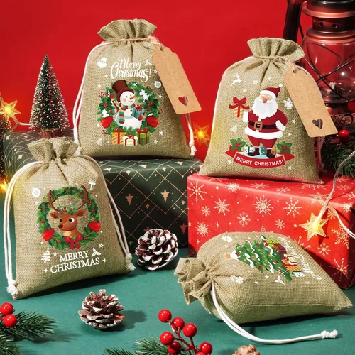 Miniatura 3 de FLOE 24 Bolsas de Regalo de Arpillera Navideñas con Cordón, Bolsas de Lino Navideñas de 6x8 pulgadas con Etiqueta, Bolsa de Regalo Pequeña de Yute