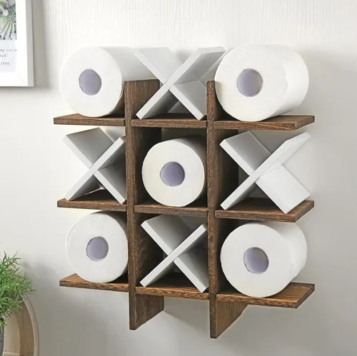 Miniatura 12 de Weysat Soporte de Papel Higiénico Tic Tac Toe Decoración de Pared de Baño Almacenamiento Colgante de Madera Rústica Estantes Independientes Montados