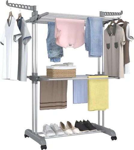 Bigzzia Estante de secado de ropa de 3 niveles, estante de secado de lavandería de 57 pulgadas, estante plegable de acero inoxidable para niños,