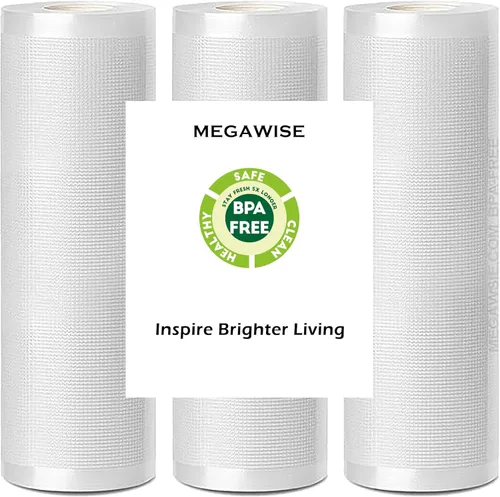 MegaWise 3 rollos de bolsas para máquinas selladoras al vacío, 8 pulgadas de ancho y 21.6 pies de largo para selladores al vacío Megawise y otras