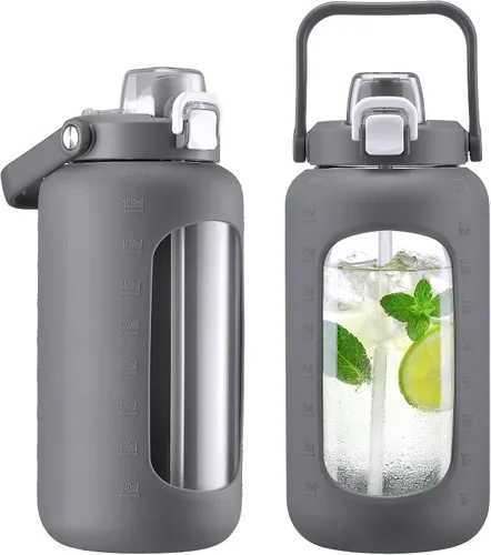 Miniatura 11 de Botella de agua de vidrio de 72 onzas con popote 2 en 1 y tapa de chug, botella de vidrio motivacional grande con marcador de capacidad y funda