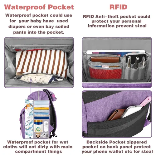 Miniatura 4 de Jiefeike Mochila para pañales, bolsa de bebé morada para mamá, papá, niñas, niños, bolsa de pañales de 15.6 pulgadas con bolsillos aislados, puerto