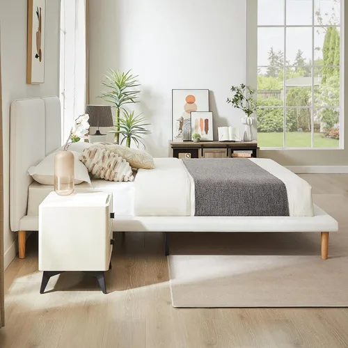 Miniatura 7 de VELOCAVA Base de cama de plataforma tamaño Queen con rieles laterales de 5.9 pulgadas de ancho, cama tapizada beige con cabecero, estilo escandinavo