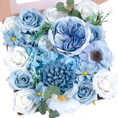 Juego de cajas de flores artificiales, flores de seda azul artificiales realistas a granel con tallos flexibles para arreglos florales de bricolaje,