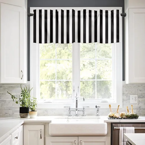 Miniatura 2 de Cortinas de cenefa con amarre para ventanas, cenefa corta, cortinas de ventana pequeña, baño, sala de estar y cocina, rayas blancas y negras de 60 x