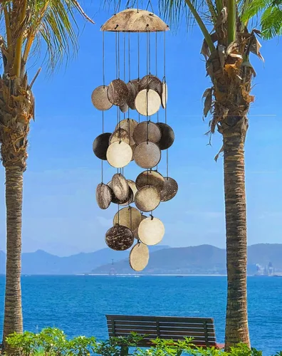 Miniatura 7 de Campanillas de viento de cáscara de coco para exteriores, campanillas de viento de madera hechas a mano de bambú para exteriores, mitad superior