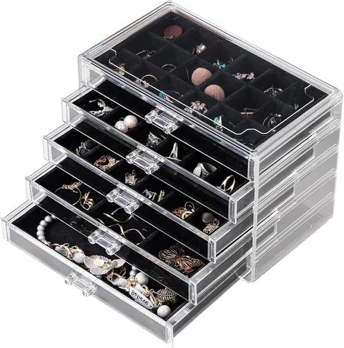 Frebeauty Organizador de joyas de acrílico, caja organizadora de aretes con 5 cajones, organizador de aretes con bandejas de terciopelo, caja de
