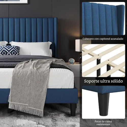 Miniatura 4 de Yaheetech - Base de cama queen con plataforma tapizada y cabecera de tela, diseño de borde ala, antideslizante y silenciosa, soporte de listones