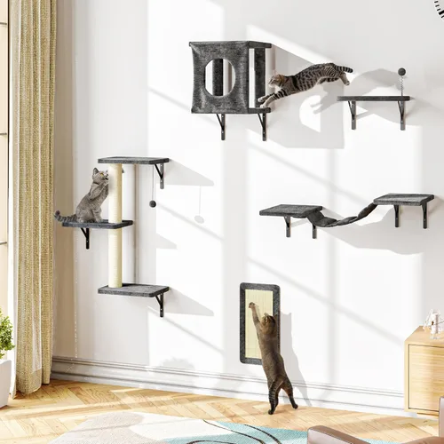 Miniatura 22 de NUNU LAB Juego de muebles para gatos montados en la pared, juego de 6 piezas para escalar con casa, puente, escalones, tabla rascadora - Paredes