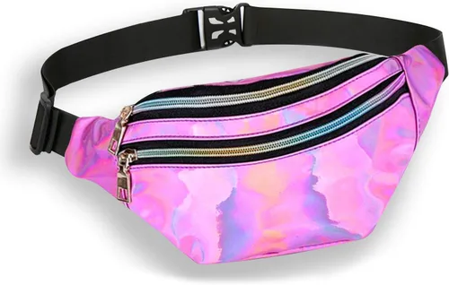 OYYF Riñonera holográfica para mujer, a la moda, con 3 bolsas, correa ajustable, bolsa impermeable para cinturón, color morado