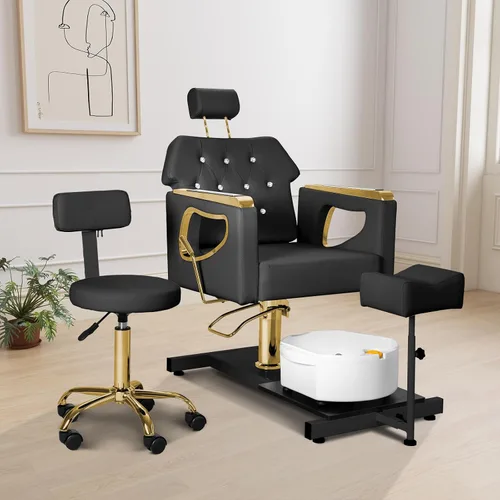 FHFO Silla de pedicura sin fontanería, estación reclinable hidráulica ajustable y giratoria de 360° con baño de pies de masaje y reposapiés para