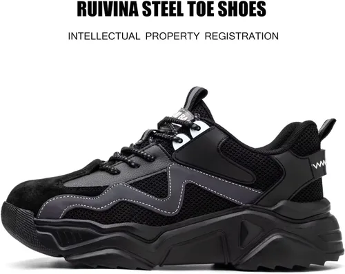 Miniatura 2 de Ruivina Zapatos de punta de acero para mujeres y hombres, zapatos de seguridad de trabajo de ajuste ancho, ligeros, antideslizantes, cómodos