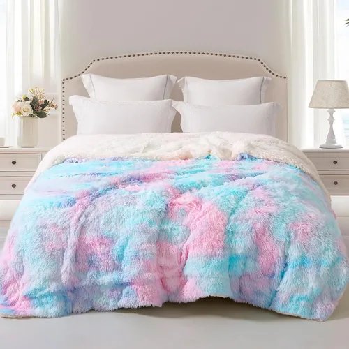 Exclusivo Mezcla Manta de Cama Mullida de Piel Sintética Tamaño King, Mantas Reversibles Shaggy de Vellón Sherpa Teñido Tie Dye, Mantas Mullidas de