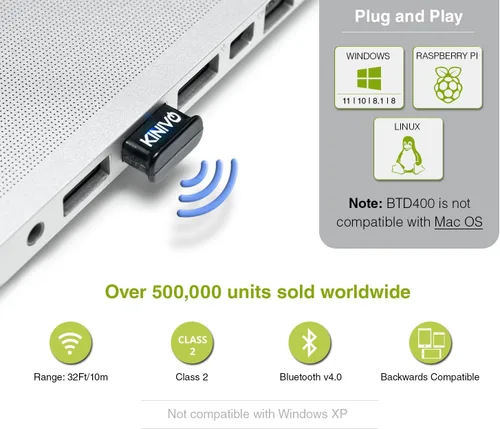 Miniatura 3 de Adaptador USB Bluetooth Kinivo para PC BTD400 (dongle receptor Bluetooth 4.0, baja energía) - Compatible con Windows 11/10/8.1/8, Raspberry Pi