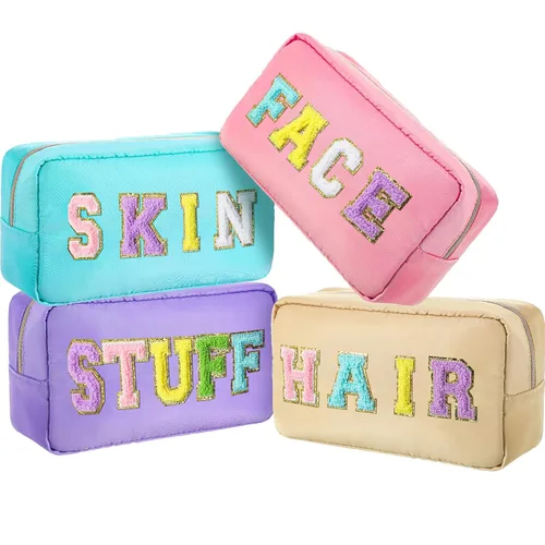 Remerry 4 bolsas de maquillaje de viaje, bolsa de cosméticos de viaje, organización, con letras de chenilla, bolsa de artículos de tocador, regalo
