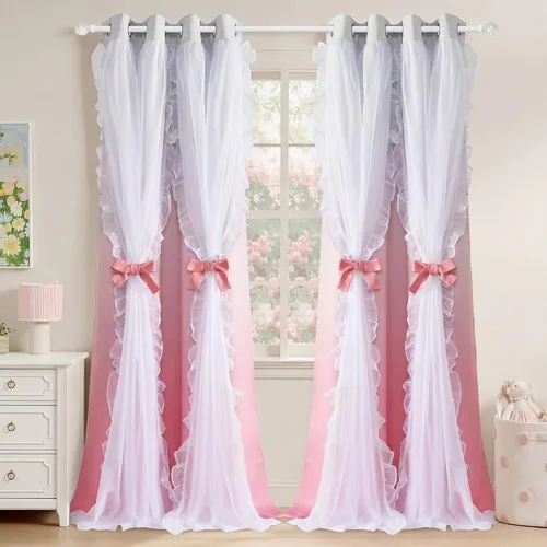Miniatura 23 de PONY DANCE Cortinas con Volantes de Doble Capa con Superposición Transparente, Decoración Elegante para Ventanas de Diseño Rústico Francés de Campo