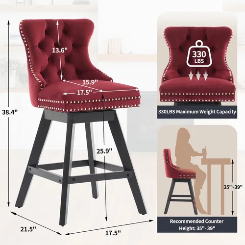 Miniatura 3 de cinkehome Juego de 2 taburetes de bar giratorios de altura de mostrador, taburetes de bar tapizados de terciopelo con respaldo, sillas de bar