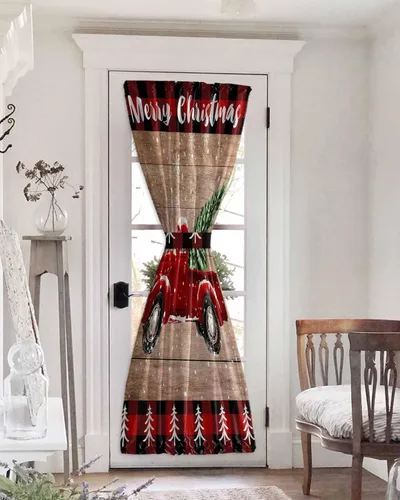 Miniatura 20 de Cortinas de puerta francesa de Navidad para ventana de puerta, panel de cortina con bolsillo para barra con alzapaños para luz lateral delantera
