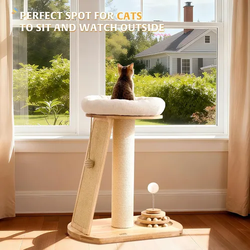 Miniatura 7 de HITTITE Torre de árbol para gatos de madera maciza, poste rascador para gatos con cama, árbol pequeño para gatos de 27 pulgadas, torre compacta