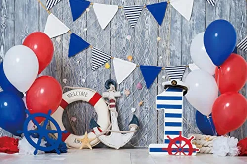 Miniatura 4 de Yeele Telón de fondo de 1.º cumpleaños de niño de 5 x 3 pies, globos azules, blancos y rojos, ancla, tablero de madera para fotografía, tema náutico