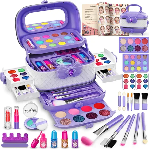 Miniatura 10 de Hollyhi Kit de Maquillaje de 58 Piezas para Niñas, Juguetes de Princesa, Set de Cosméticos Reales Lavables con Espejo, Sets de Maquillaje
