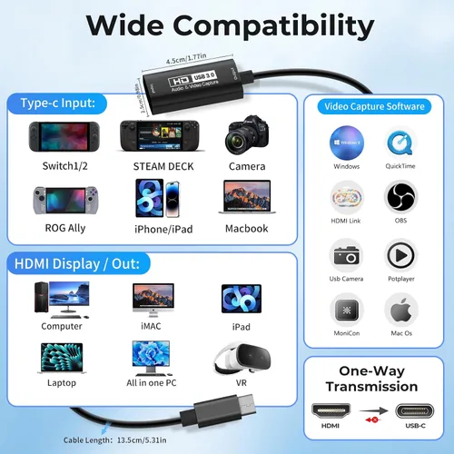 Miniatura 5 de GUERMOK Tarjeta de captura de video, USB 3.0 HDMI a USB-C dispositivo de captura, transmisión y grabación a 2K @30FPS 1080P @60FPS, compatible