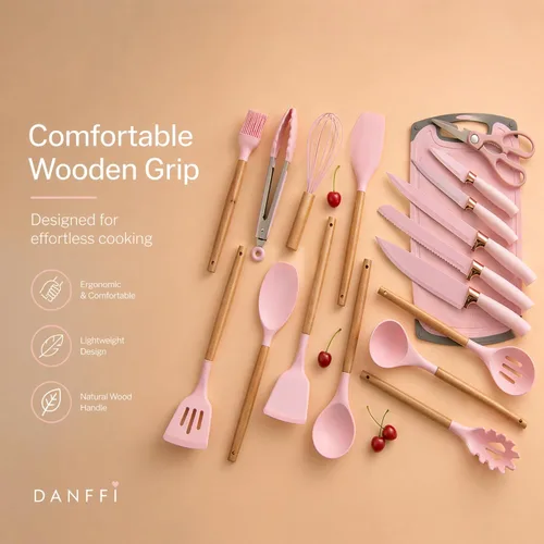 Miniatura 5 de Juego de cocina rosa de 19 piezas para el primer apartamento, utensilios completos de cocina de silicona con asas de madera, juego de cuchillos