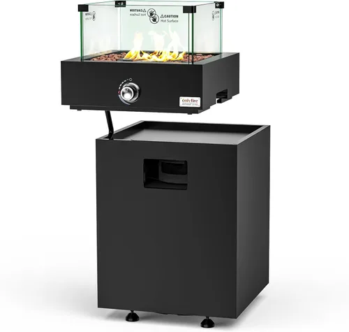 Miniatura 10 de Fogata de gas desmontable con rocas de lava, escudo de vidrio y ruedas, hoguera de propano sin humo con manguera para patio, patio, campamento