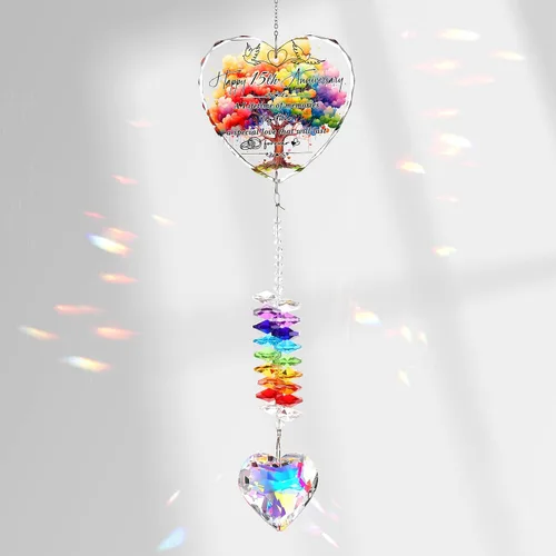 Atrapasoles de 15 aniversario para parejas, esposa, marido, 15 años de matrimonio, decoración colgante de cristal, corazón, arco iris, recuerdo