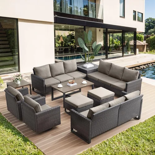Miniatura 107 de HUMMUH Juego de 2 sillas giratorias para patio, mimbre de polietileno, para exteriores, bistró, porche, balcón, muebles con cojines Gris/gris