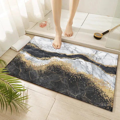 Tapete de baño de mármol blanco y negro, antideslizante, lavable, de secado rápido, para entrada, interior y exterior, lavandería, 17 x 30 pulgadas