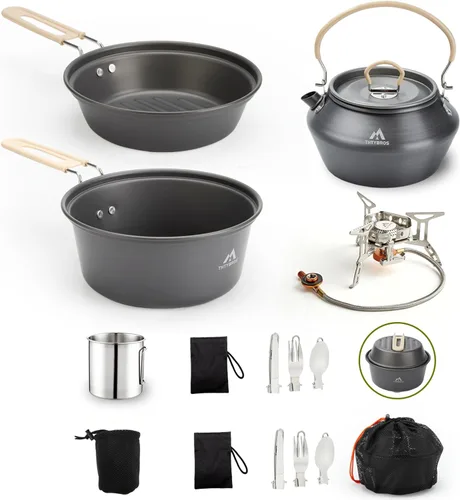 Miniatura 8 de THTYBROS 17pcs Camping Cookware Kit, 0.45Gal Pot, 7inches Pan,0.30Gal Kettle Set with 2 Set Stainless Steel Cups Plates Forks Knives Spoons for