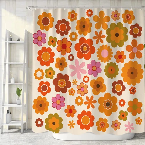 Cortina de ducha de flores retro, diseño de flores grandes, color marrón y naranja, diseño vintage de los años 70, juego de cortinas de ducha de