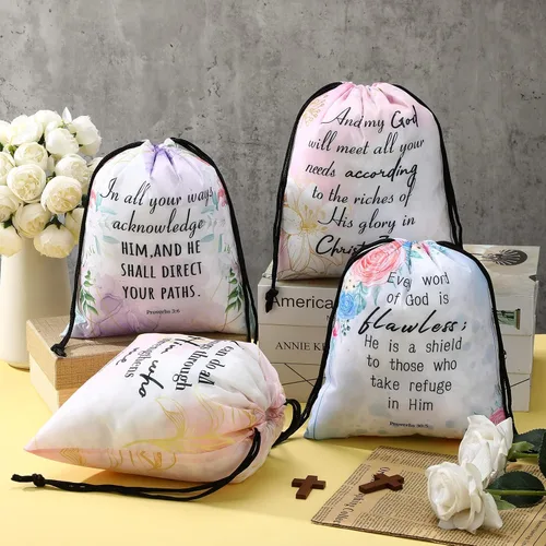 Miniatura 4 de Hosuly 24 mochilas religiosas de versículos bíblicos con cordón para sorteo cristiano, bolsa de regalo religiosa a granel, bolsa pequeña