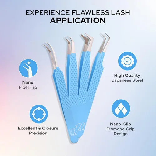 Miniatura 6 de M LASH - Pinzas para extensiones de pestañas (juego de 4) – Pinzas profesionales para extensiones de pestañas, punta de fibra, acero japonés, juego